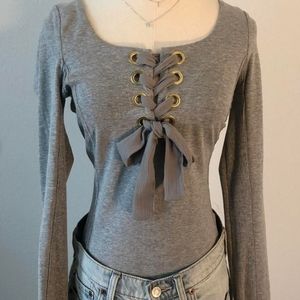 Free People Grey Lace Up Long Sleeve Top